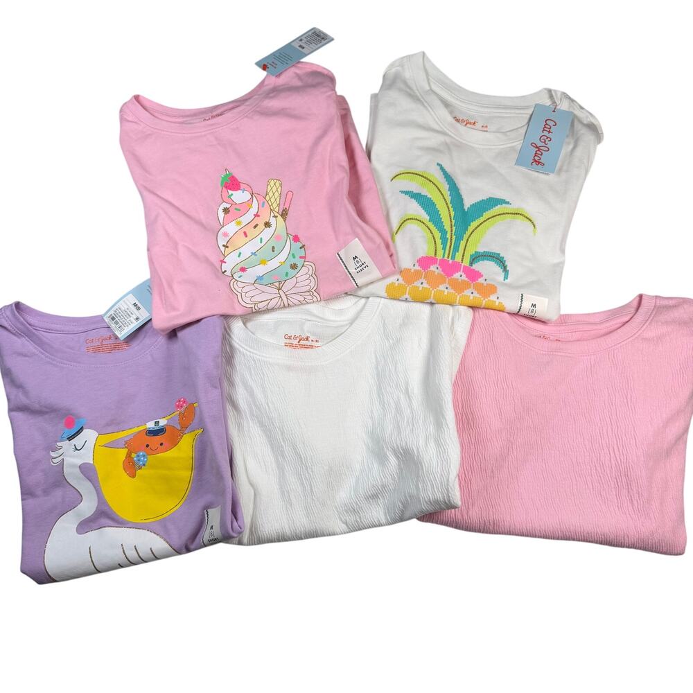 Cat & Jack Shirt Lot Girls Medium 8 Short Sleeve 5 Piece Pastels White NWT